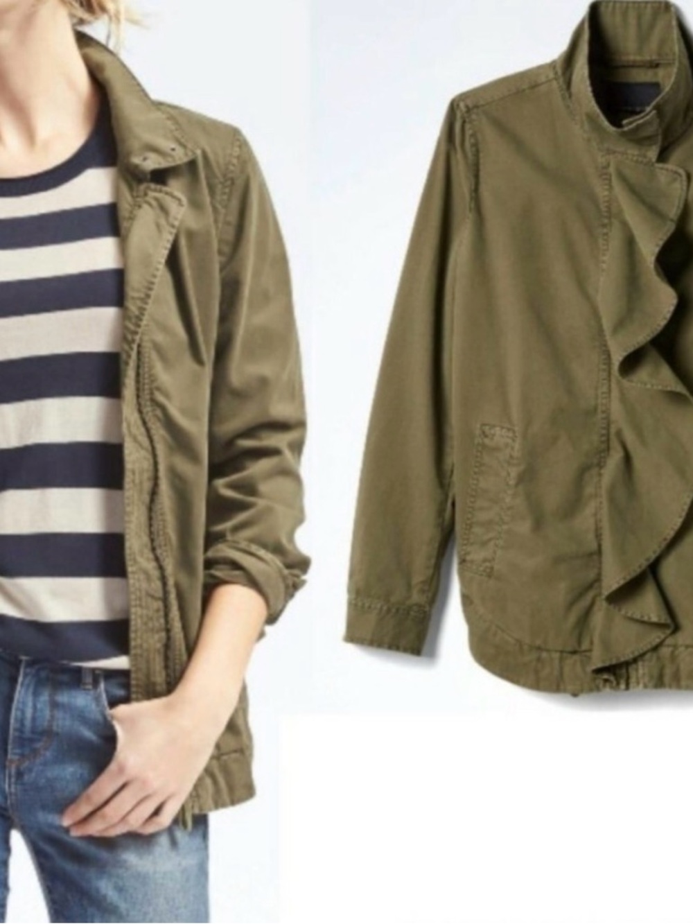 Banana Republic Olive Green Ruffle-Trim Utility Jacket